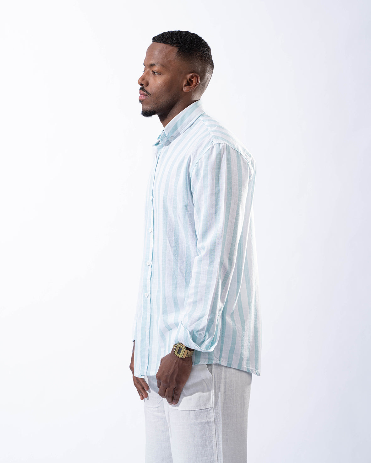 Unisex Light Green Stripped Linen Shirt long sleeve